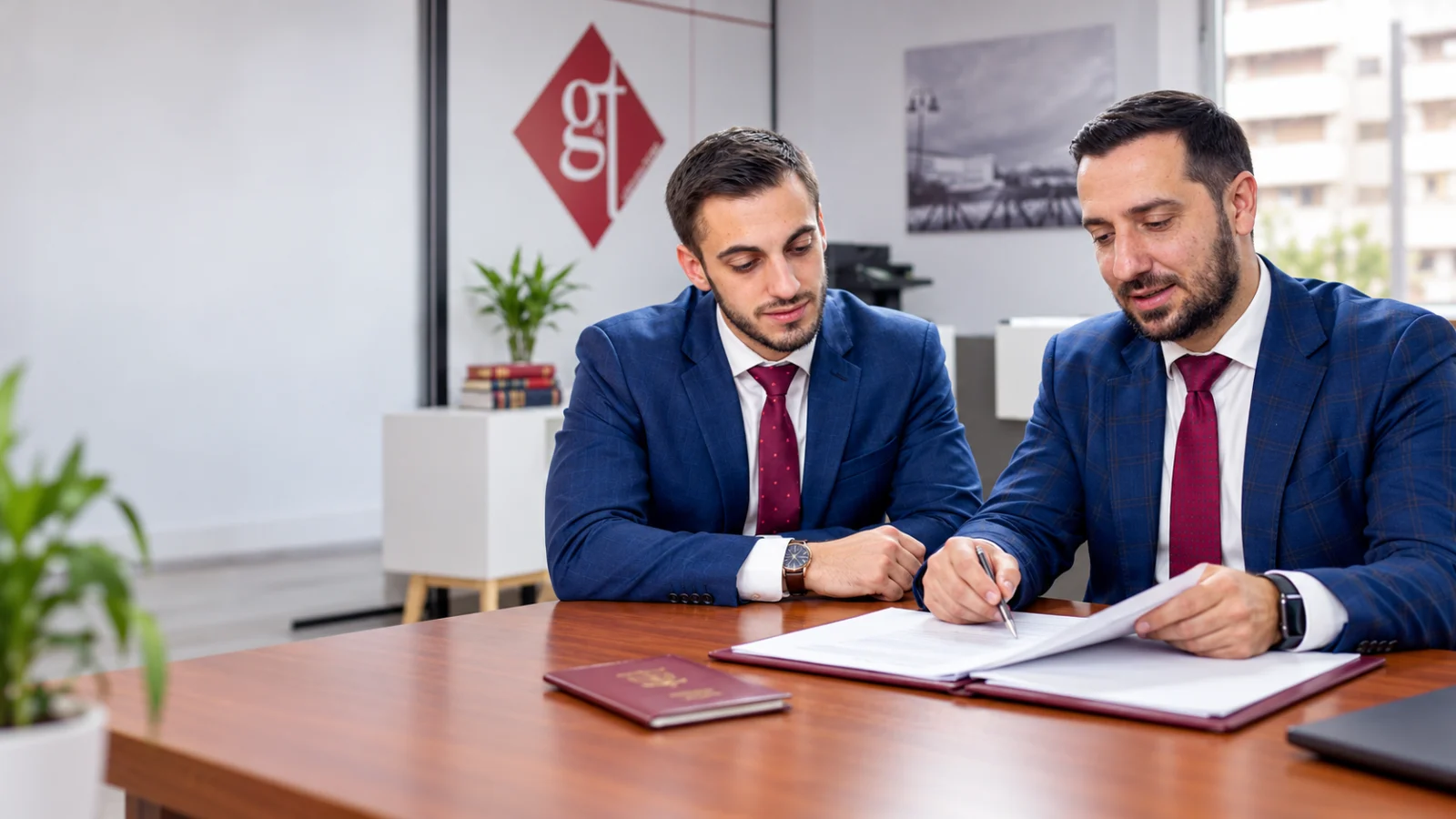 Los abogados de González & Toda revisando documentación en el despacho; composición creada a partir de fotografías del equipo